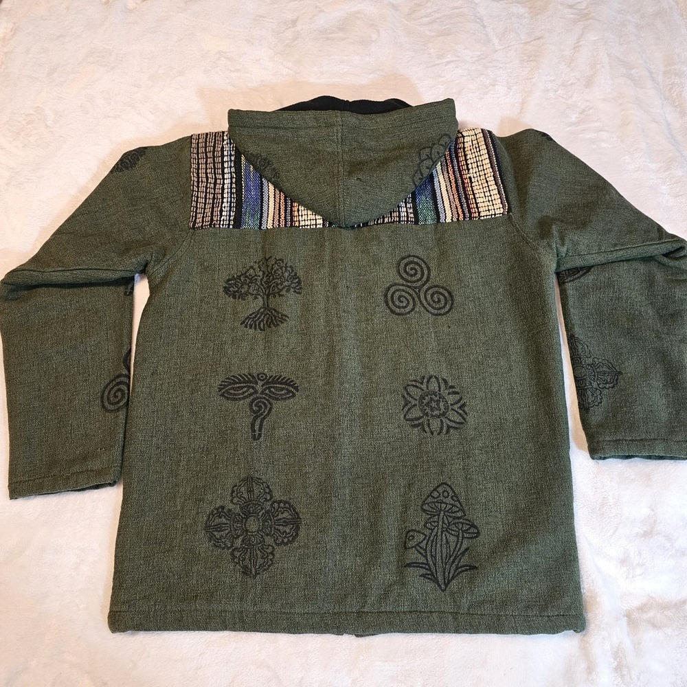 Nepal Handmade Olive Green Bohemian-Style Hoodie Unisex Size Small/Medium - Picture 2 of 10